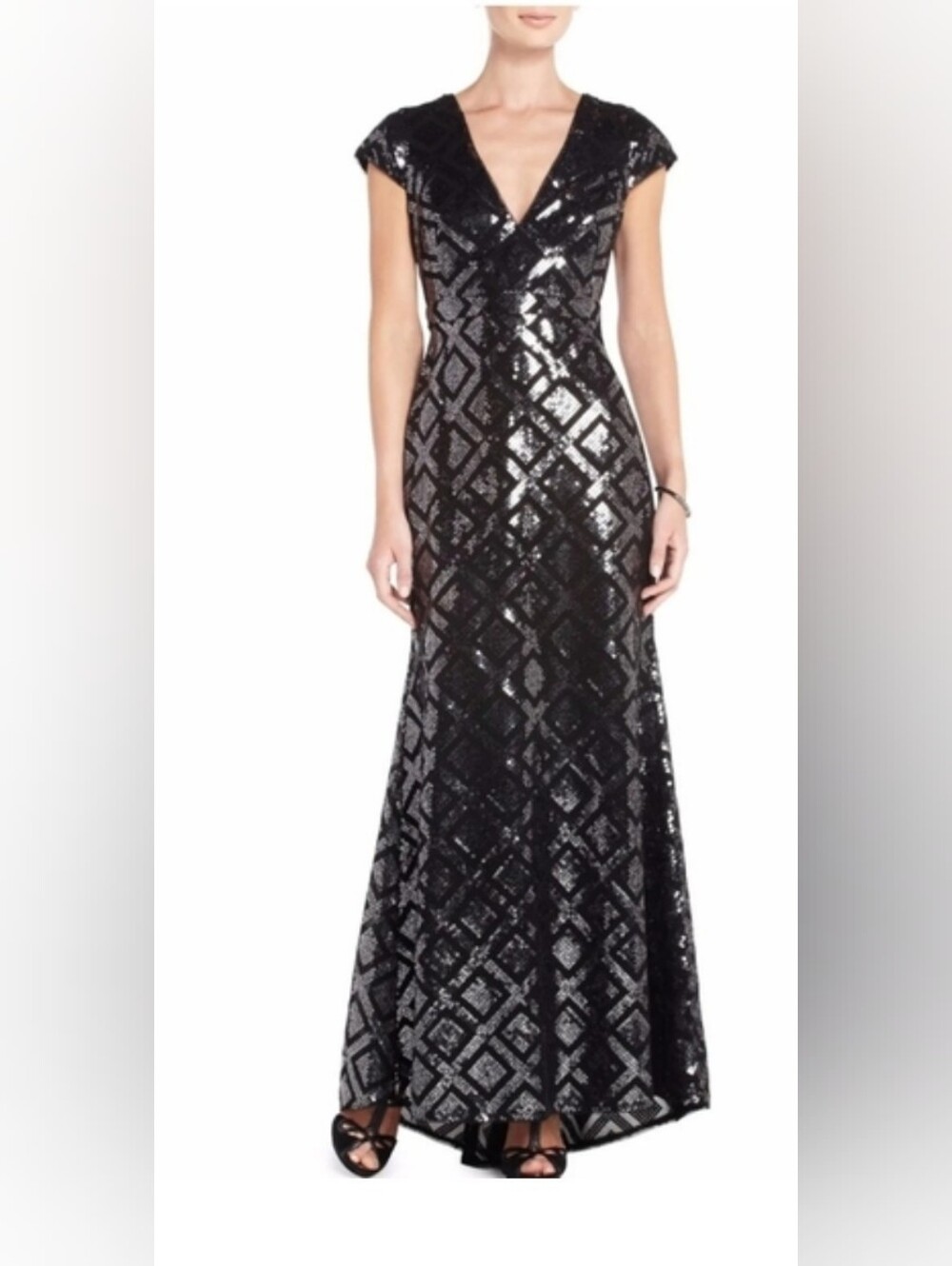 BCBGMaxazria SKYLAH Maxi Gown Dress Black w/Silver Sequin